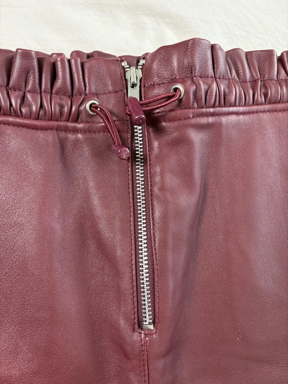 Maje Jet Leather Burgundy Paperbag Mini Skirt w/ Front Zipper and Drawstring